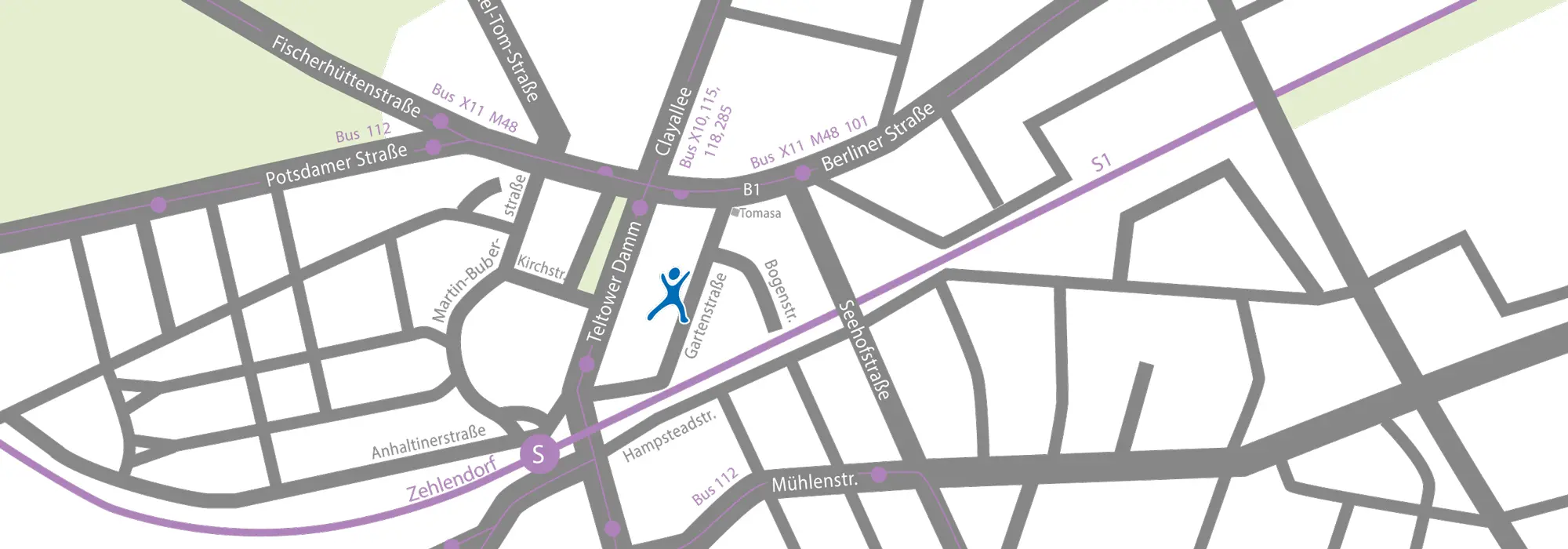 gezeichneter Kartenausschnitt der Straßenkarte rund um die Praxis Alebo